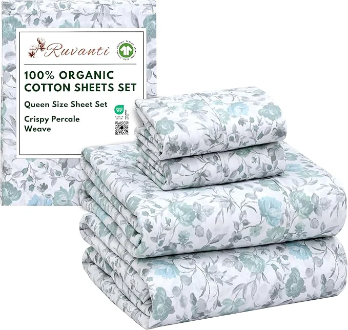 Elite RUVANTI Organic Cotton Sheets Queen Size Percale Weave GOTS 4-Piece Set Deep Pocket 15 quot Crisp amp Breathable Soft Durable Bedding Sábanas Algodón Orgánico – Cold Chrysanthemum High-End