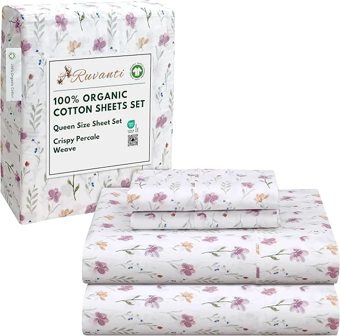 Luxury RUVANTI Organic Cotton Sheets Queen Size Percale Weave GOTS 4-Piece Set Deep Pocket 15 quot Crisp amp Breathable Soft Durable Bedding Sábanas Algodón Orgánico – Obsessed Stems Minimalist