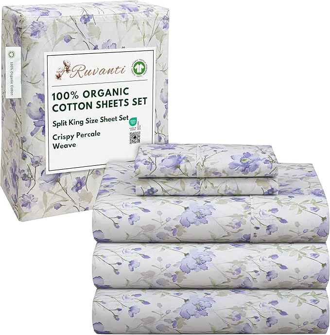 Functional RUVANTI Organic Cotton Sheets Split King Percale Weave GOTS 5-Piece Set Deep Pocket 15 quot Crisp amp Breathable Soft Durable Bedding Sábanas Algodón Orgánico – Heather Convenient