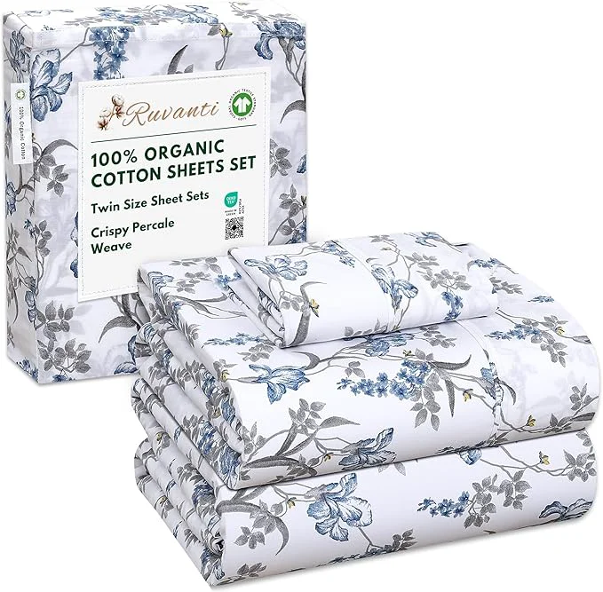 RUVANTI Organic Cotton Sheets Twin Size Percale Weave GOTS 3-Piece Set Deep Pocket 15 quot Crisp amp Breathable Soft Durable Bedding Sábanas Algodón Orgánico – Deluxe Certified
