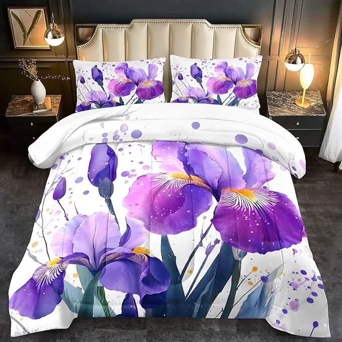 Relaxed Purple Floral Comforter Set King Size Woman Purple Iris Comforter for Girls Pink Flower Bedding Set King Bedroom Decor Floral Bedding Quilt Bed Decor Pink for Kids and Adults Classic