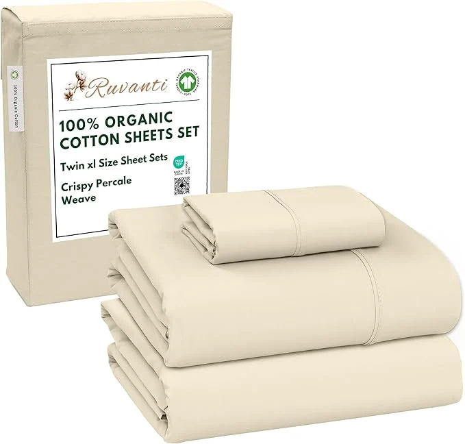 Solid RUVANTI Organic Cotton Sheets Twin XL Percale Weave GOTS 3-Piece Set Deep Pocket 15 quot Crisp amp Breathable Soft Durable Bedding Sábanas Algodón Orgánico – Cloud Cream Detailed