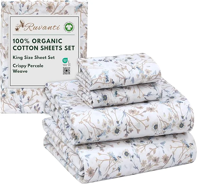 Luxury RUVANTI Organic Cotton Sheets King Size Percale Weave GOTS 4-Piece Set Deep Pocket 15 quot Crisp amp Breathable Soft Durable Bedding Sábanas Algodón Orgánico – Tranquil Fine