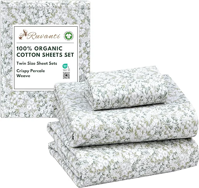Top-Quality RUVANTI Organic Cotton Sheets Twin Size Percale Weave GOTS 3-Piece Set Deep Pocket 15 quot Crisp amp Breathable Soft Durable Bedding Sábanas Algodón Orgánico – Floral Rush Superior