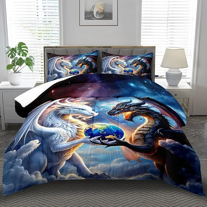 Exclusive Black White Dragon Comforter Set Twin Boys Flame Ancient Mysterious Creatures Fantasy Dragon Bedding Set Boys Girls White and Black Comforter Twin Size Animals Quilt Room Decor Convenient