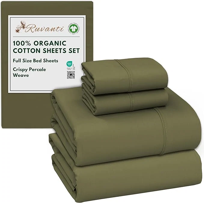 Pure RUVANTI Organic Cotton Sheets Full Size Percale Weave GOTS 4-Piece Set Deep Pocket 15 quot Crisp amp Breathable Soft Durable Bedding Sábanas Algodón Orgánico – Olive Premium