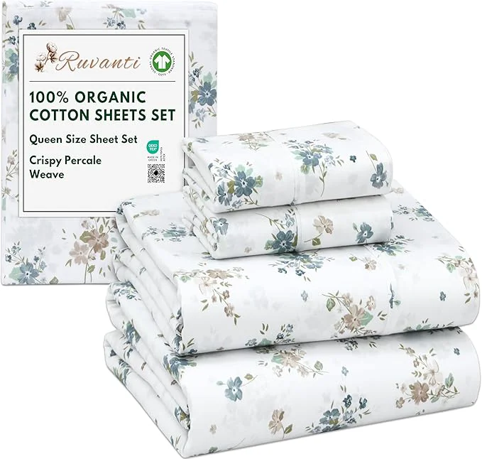 Minimalist RUVANTI Organic Cotton Sheets Queen Size Percale Weave GOTS 4-Piece Set Deep Pocket 15 quot Crisp amp Breathable Soft Durable Bedding Sábanas Algodón Orgánico – Halcyon High-End