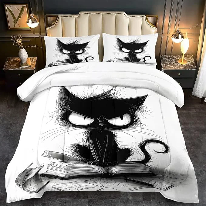 Unique Cute Black Cat Comforter Set Twin Size Cute Pet Bedding Set Boys Girls White and Black Comforter Cartoon Cat Quilt Animal Bedroom Decor Kawaii Animal Print Bedding Boys Kids Versatile