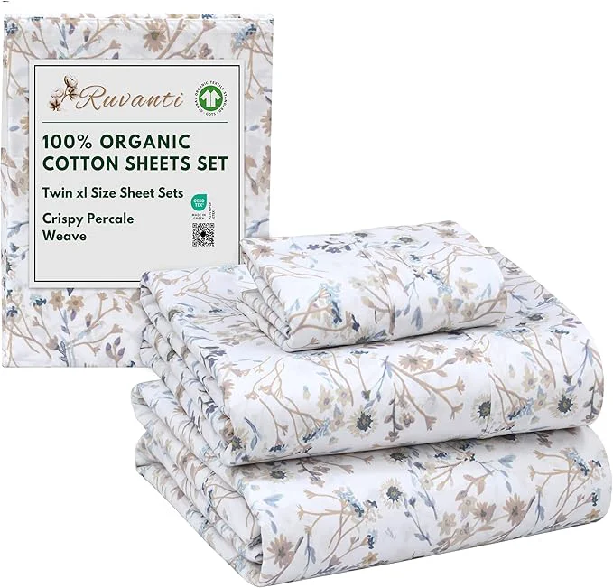 Solid RUVANTI Organic Cotton Sheets Twin XL Percale Weave GOTS 3-Piece Set Deep Pocket 15 quot Crisp amp Breathable Soft Durable Bedding Sábanas Algodón Orgánico – Tranquil Natural