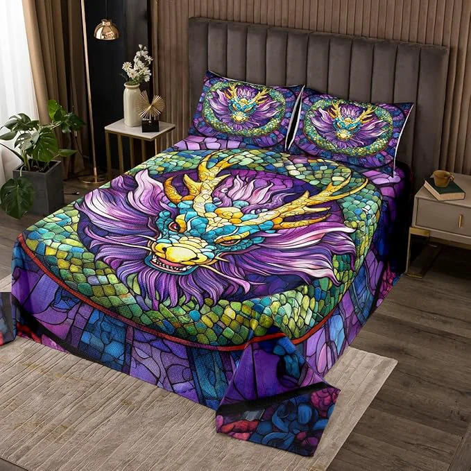 Relaxed Chinese Dragon Kids Bedspread Queen Size Dragon Scale Western Animals Coverlet Set Boys Girls Room Decor Geometric Patchwork Abstract Quilted Coverlet Blue Purple Gothic Bedding Quilt 2 Pillowcases Enhanced