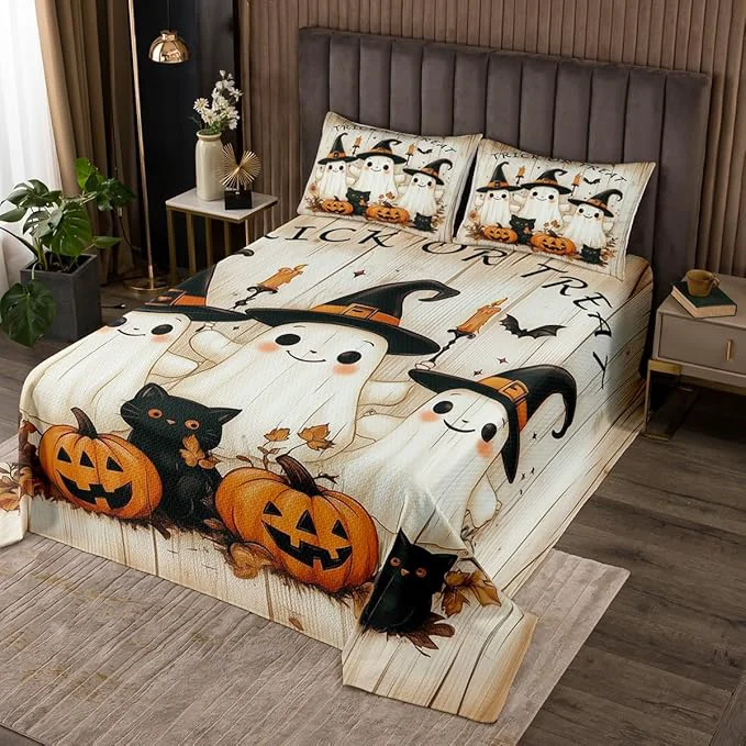 Elegant Cartoon Ghost Kids Bedspread Twin Size Pumpkin Black Cat Happy Halloween Coverlet Set Boys Girls Room Decor Maple Wooden Plank Rustic Farmhouse Quilted Coverlet Retro Bedding Quilt 1 Pillowcase Trendy