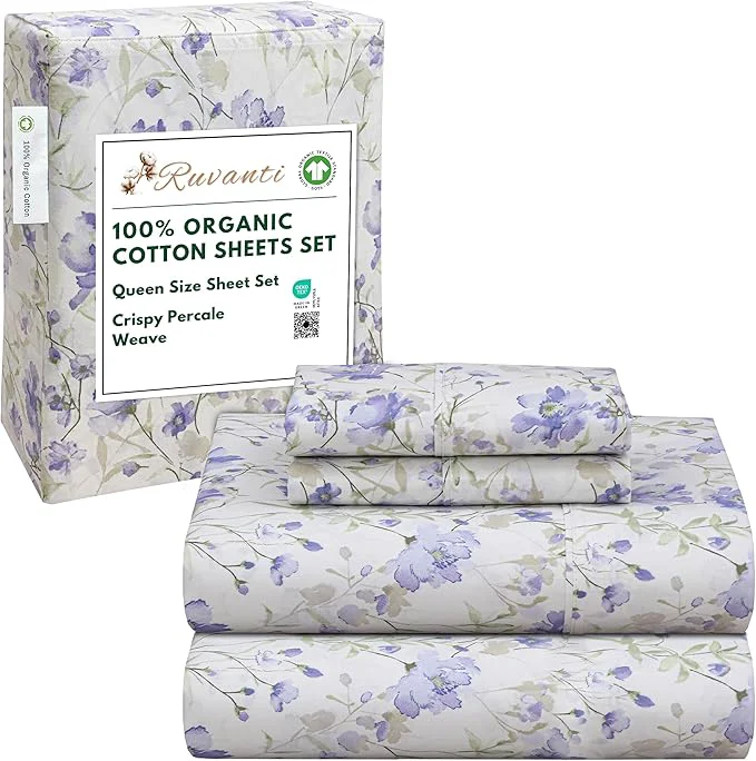 Expertly Made RUVANTI Organic Cotton Sheets Queen Size Percale Weave GOTS 4-Piece Set Deep Pocket 15 quot Crisp amp Breathable Soft Durable Bedding Sábanas Algodón Orgánico – Heather Recyclable