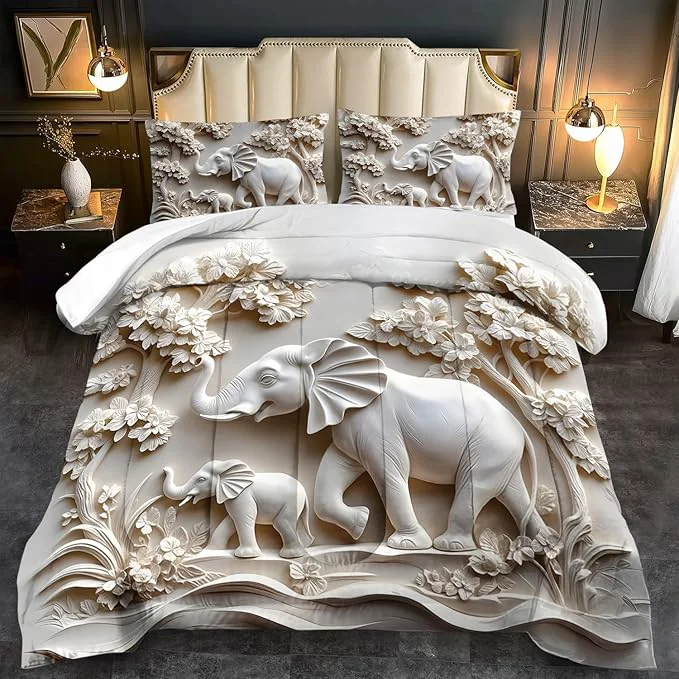 Breathable Elephant Comforter Set Queen Adult White Animal Bedding Set Queen for Man Cute Animal Comforter for Kids Elephant Quilt Pattern White Bedroom Decor Womens Relief Bedding Fast