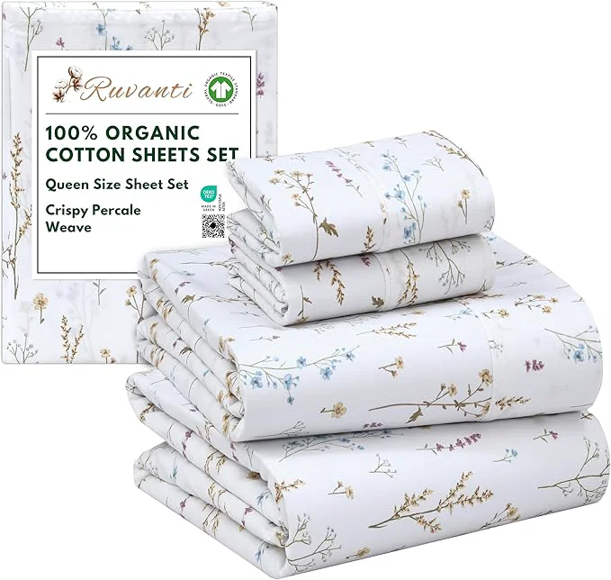 Convenient RUVANTI Organic Cotton Sheets Queen Size Percale Weave GOTS 4-Piece Set Deep Pocket 15 quot Crisp amp Breathable Soft Durable Bedding Sábanas Algodón Orgánico – Field Flower Efficient