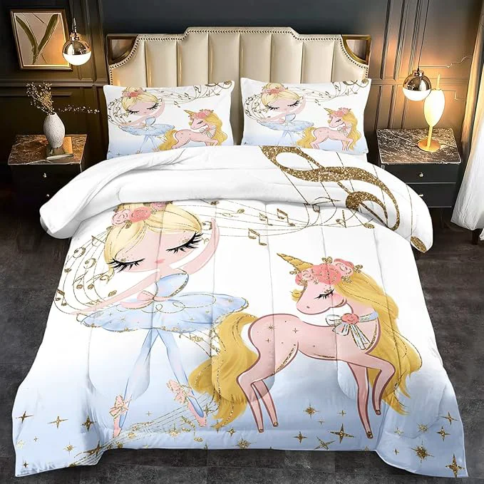 Expertly Made Golden Unicorn Girls Comforter Set King Kawaii Unicorn Bedding Set KingCute Horse Comforter Girls Bedroom Decor White Animal Print Bedding Bed Decor Animal Print Quilt Outstanding