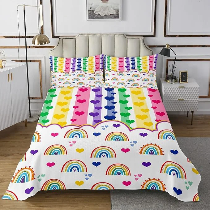 Convenient Manfei Cute Rainbow Kids Bedspread Twin Size Watercolor Love Heart Dreamy Coverlet Set Girls Women Room Decor Colorful Geometric Stripes Patchwork Quilted Coverlet Chic Bedding Quilt 1 Pillowcase Modern