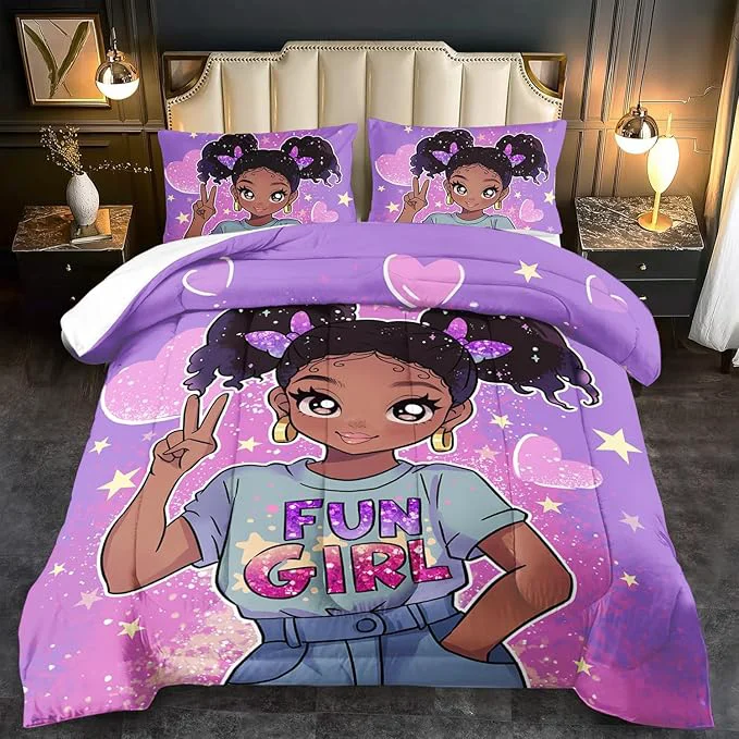 Sophisticated African American Black Girl Comforter Set Full Size Cute Black Girl Bedding Set Full for Kids Kawaii Heart Comforter Purple Bedding Decor for Teen Purple Bed Quilt High-Quality