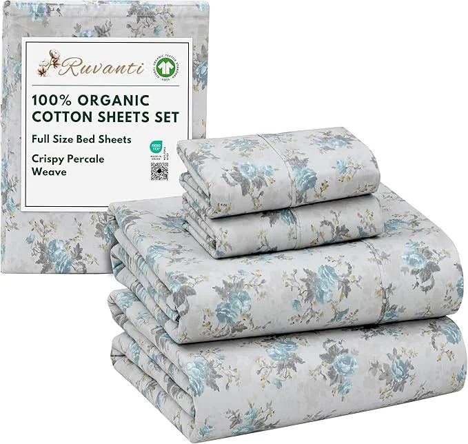 Artisan RUVANTI Organic Cotton Sheets Full Size Percale Weave GOTS 4-Piece Set Deep Pocket 15 quot Crisp amp Breathable Soft Durable Bedding Sábanas Algodón Orgánico – Blue Rose Verified