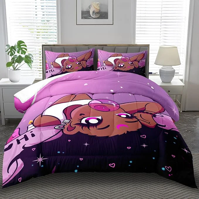 Eco-Friendly Black Girl Comforter Set Full Cute Bedding Set College Dorm Girl Cartoon Teen Black and Pink Comforter Full Kawaii Room Decor Cartoon Bedding Quilt Decor Kids Casual