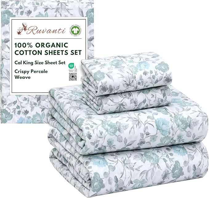 Quality RUVANTI Organic Cotton Sheets California King Percale Weave GOTS 4-Piece Set Deep Pocket 13 quot Crisp amp Breathable Soft Durable Bedding Sábanas Algodón Orgánico – Cold Chrysanthemum Official