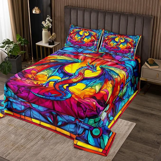 Sophisticated Flying Dragon Kids Bedspread King Size Western Wing Dragon Gothic Halloween Coverlet Set Boys Girls Room Decor Geometric Abstract Modern Quilted Coverlet Rainbow Retro Bedding Quilt 2 Pillowcases Exclusive