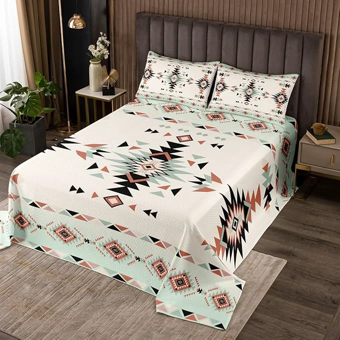 Exclusive Manfei Western Cowboy Kids Bedspread King Size Geometric Aztec Patchwork Coverlet Set Boys Girls Room Decor Southwest Boho Tribal Ethic Quilted Coverlet Rustic Farmhouse Bedding Quilt 2 Pillowcases Long-Lasting
