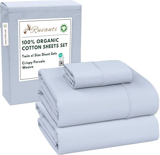 Contemporary RUVANTI Organic Cotton Sheets Twin XL Percale Weave GOTS 3-Piece Set Deep Pocket 15 quot Crisp amp Breathable Soft Durable Bedding Sábanas Algodón Orgánico – Arctic Ice User-Friendly