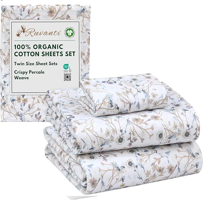 Stylish RUVANTI Organic Cotton Sheets Twin Size Percale Weave GOTS 3-Piece Set Deep Pocket 15 quot Crisp amp Breathable Soft Durable Bedding Sábanas Algodón Orgánico – Tranquil Exceptional