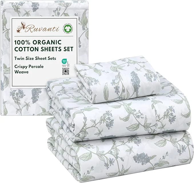 RUVANTI Organic Cotton Sheets Twin Size Percale Weave GOTS 3-Piece Set Deep Pocket 15 quot Crisp amp Breathable Soft Durable Bedding Sábanas Algodón Orgánico – Vine Yard Fine Crafted