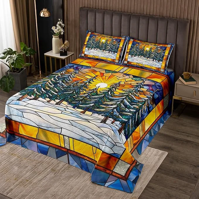 High-Quality Pine Tree Kid Bedspread Queen Size Merry Christmas Tree Sunrise Rustic Farmhouse Coverlet Set Boys Girls Room Decor Geometric Plaid Patchwork Quilted Coverlet Blue Xmas Bedding Quilt 2 Pillowcases Efficient