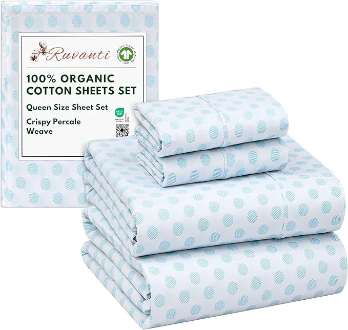 Crafted RUVANTI Organic Cotton Sheets Queen Size Percale Weave GOTS 4-Piece Set Deep Pocket 15 quot Crisp amp Breathable Soft Durable Bedding Sábanas Algodón Orgánico – Circle Imprint Unique