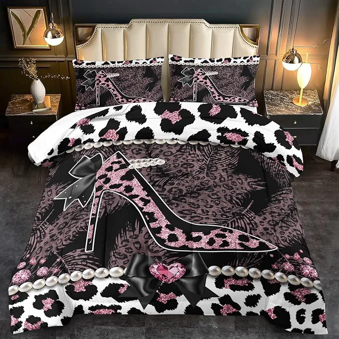 Environmentally Friendly Sexy High Heels Leopard Print Comforter Set King GirlsRed Cheetah Print Bedding Set Women High Heels Leopard Comforter Animal Quilt Bedroom Decor Cheetah Bedding Bed Decor Original Design