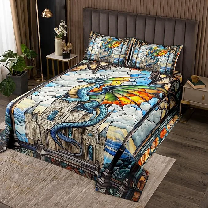 Enhanced Western Dragon Kids Bedspread King Size Tale Castle Cloud Glass Dragon Coverlet Set Boys Girls Room Decor Geometric Patchwork Natural View Quilted Coverlet Blue Retro Bedding Quilt 2 Pillowcases Excellent