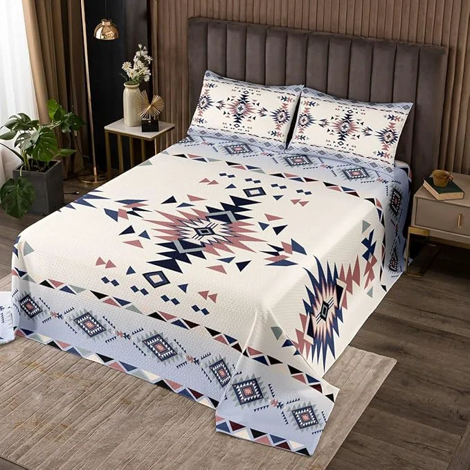 Advanced Aztec Print Kids Bedspread Queen Size Western Cowboy Arrows Geometric Patchwork Coverlet Set Boys Girls Room Decor Southwest Boho Tribal Ethnic Quilted Coverlet Retro Bedding Quilt 2 Pillowcases Easy-to-Use