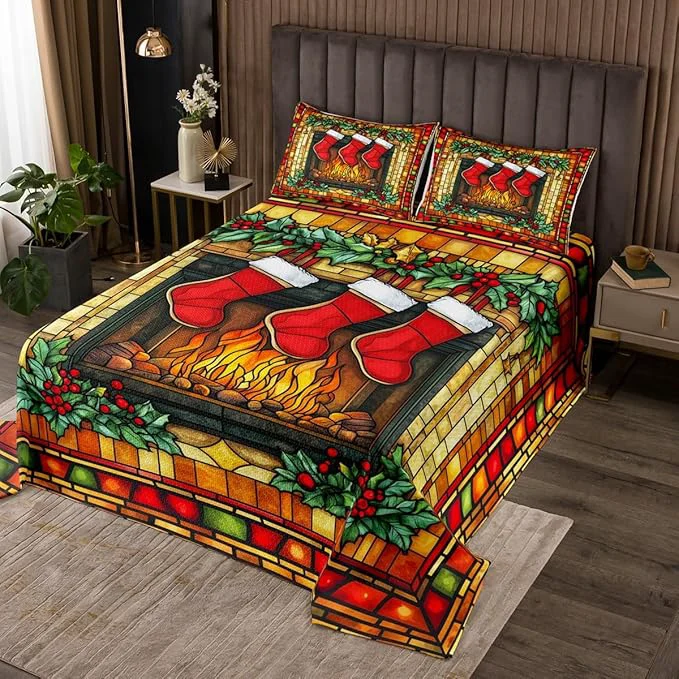Consistent Christmas Stocking Kids Bedspread Twin Size Merry Christmas Poinsettia Flower Rustic Cabin Coverlet Set Boys Girls Room Decor Geometric Plaid Quilted Coverlet Red Xmas Bedding Quilt 1 Pillowcase Next-Generation
