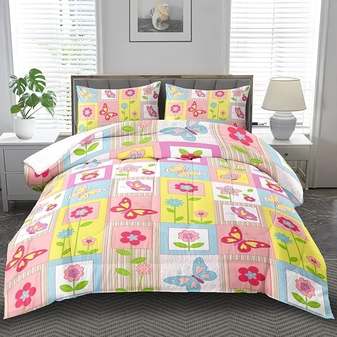 Clean Pink Butterfly Kids Comforter Set Queen Girls Floral Bedding Set Girls Pink Grid Comforter Kids Quilt Bedroom Decor White Purple Blue Pink Butterfly Bedding Bed Decor Functional