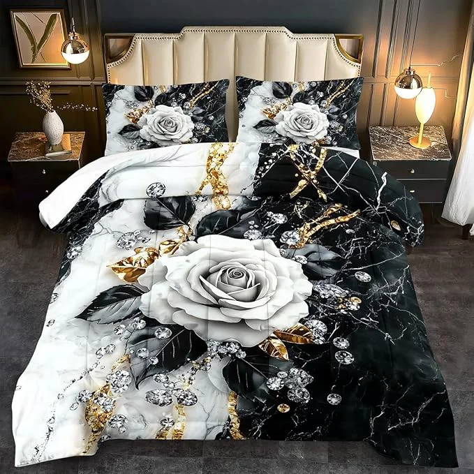 Eco-Friendly Marble Floral Comforter Set for Full Bed Women Vintage Flower Bedding Set Full White and Black Comforter Rose Quilt for Girls Rose Bedding Floral Bedroom Decor Adults Elegant