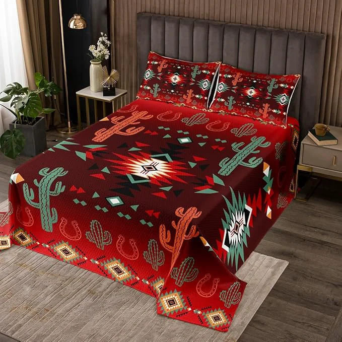 Elite Manfei Geometric Aztec Bedspread Twin Size Western Cowboy Cactus Horseshoe Rustic Coverlet Set Boys Girls Room Decor Southwest Tribal Cabin Quilted Coverlet Farmhouse Retro Bedding Quilt 1 Pillowcase Efficient