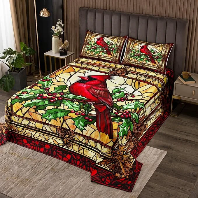 Durable Manfei Christmas Cardinal Kids Bedspread Twin Size Red Bird Poinsettia Flower Merry Christmas Coverlet Set Boys Girls Room Decor Glass Paint Geometric Quilted Coverlet Xmas Bedding Quilt 1 Pillowcase Luxury