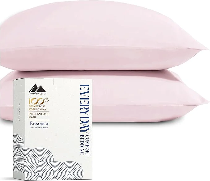 Specialty Mayfair Linen Organic Cotton King Size Pillow Cases Set of 2 - Soft Hotel Quality Covers for King Size Pillows Blush GOTS Crisp Cooling Percale Weave Cotton Pillowcases World-Class