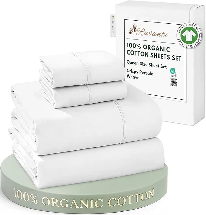 High-Performance RUVANTI Organic Cotton Sheets Queen Size Percale Weave GOTS 4-Piece Set Deep Pocket 15 quot Crisp amp Breathable Soft Durable Bedding Sábanas Algodón Orgánico – Bright White Detailed