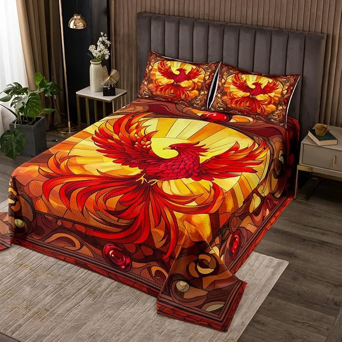 Fast Flying Phoenix Kids Bedspread King Size American Phenix Western Birds Coverlet Set Boys Girls Room Decor Geometric Abstract Patchwork Quilted Coverlet Red Brown Retro Bedding Quilt 2 Pillowcases Smart