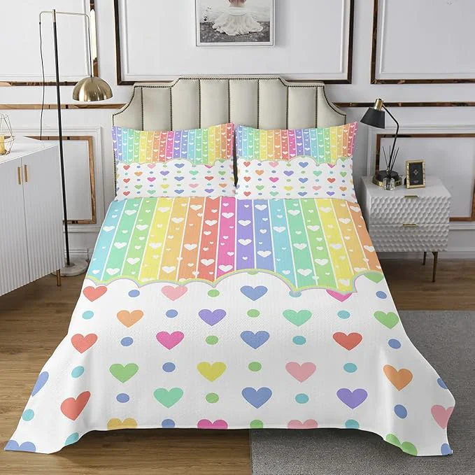 Soft Manfei Cartoon Rainbow Kids Bedspread King Size Wave Points Love Heart Dreamy Style Coverlet Set Girls Women Room Decor Colorful Geometric Stripes Quilted Coverlet Chic Bedding Quilt 2 Pillowcases Premium Material