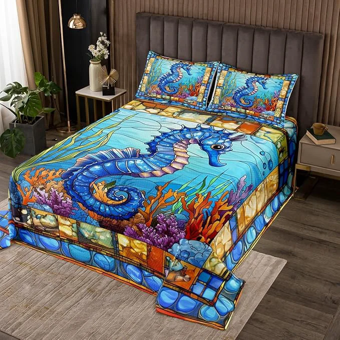Pure Seahorse Kids Bedspread Queen Size Hippocampus Coral Seaweed Marine Life Coverlet Set Boys Girls Room Decor Ocean Animal Geometric Abstract Quilted Coverlet Sea Blue Bedding Quilt 2 Pillowcases Solid