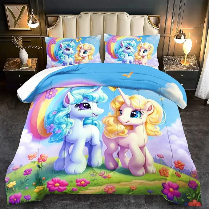 Efficient Unicorn Comforter Set Queen Kawaii Unicorn Bedding Set Queen Kids Rainbow Comforter Blue Bedroom Decor Cute Animal Bedding Rainbow Bed Decor for Girls Cartoon Blue Floral Quilt Trendy