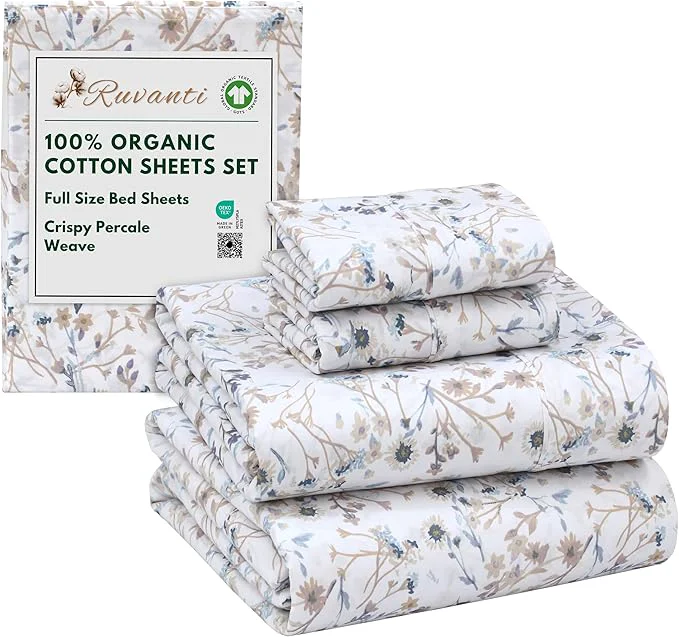 Detailed RUVANTI Organic Cotton Sheets Full Size Percale Weave GOTS 4-Piece Set Deep Pocket 15 quot Crisp amp Breathable Soft Durable Bedding Sábanas Algodón Orgánico – Tranquil Traditional