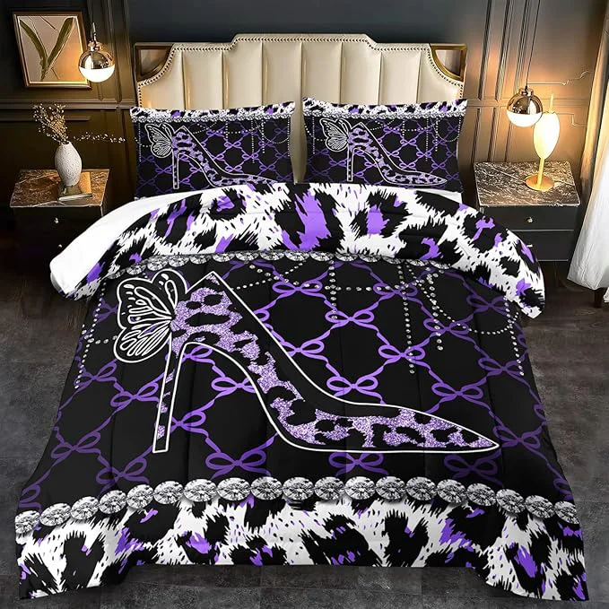Responsible Purple Cheetah Print Comforter Set Queen Women Sexy High Heels Leopard Print Bedding Set Girls High Heels Leopard Comforter Quilt Animal Bedroom Decor Cheetah Bedding Bed Decor Luxury