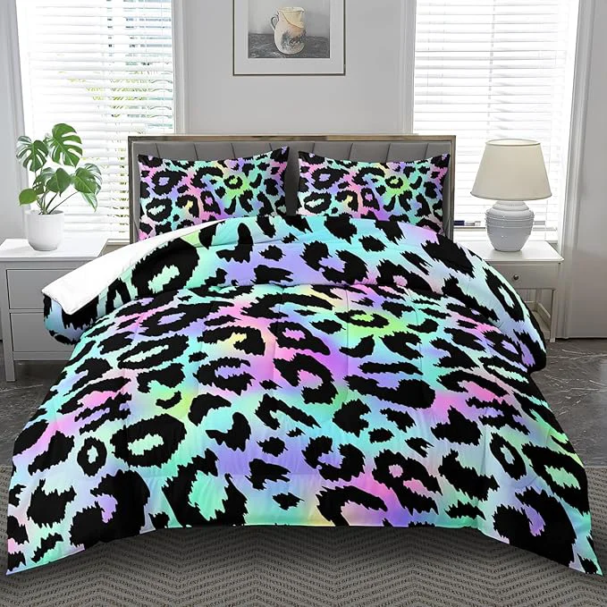 Natural Rainbow Leopard Print Comforter Set King Girls Colorful Cheetah Comforter King Animal Leopard Print Bedding Set Women Purple Cheetah Bedding Quilt Bedroom Decor Practical