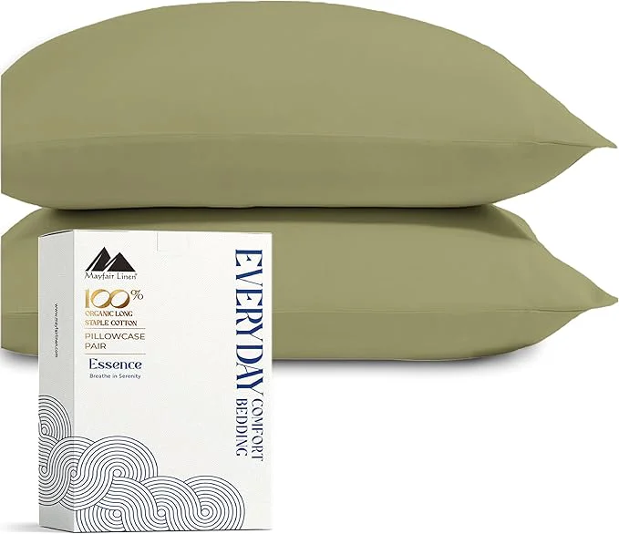 Certified Mayfair Linen Organic Cotton Percale Pillow Cases Queen Standard Size Set of 2 - Percale Pillowcovers Standard Queen Sage Green Soft Cooling Pillow Case for Sleeping Cotton Pillowcases Specialty