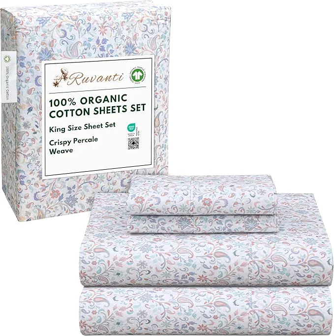 Dependable RUVANTI Organic Cotton Sheets King Size Percale Weave GOTS 4-Piece Set Deep Pocket 15 quot Crisp amp Breathable Soft Durable Bedding Sábanas Algodón Orgánico – Multi Paisley Fine Crafted